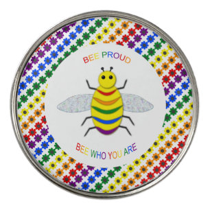 Cute LGBT Proud Rainbow Bee and Flowers Golf Ball Marker