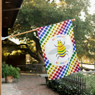 Cute LGBT Proud Rainbow Bee and Flowers House Flag