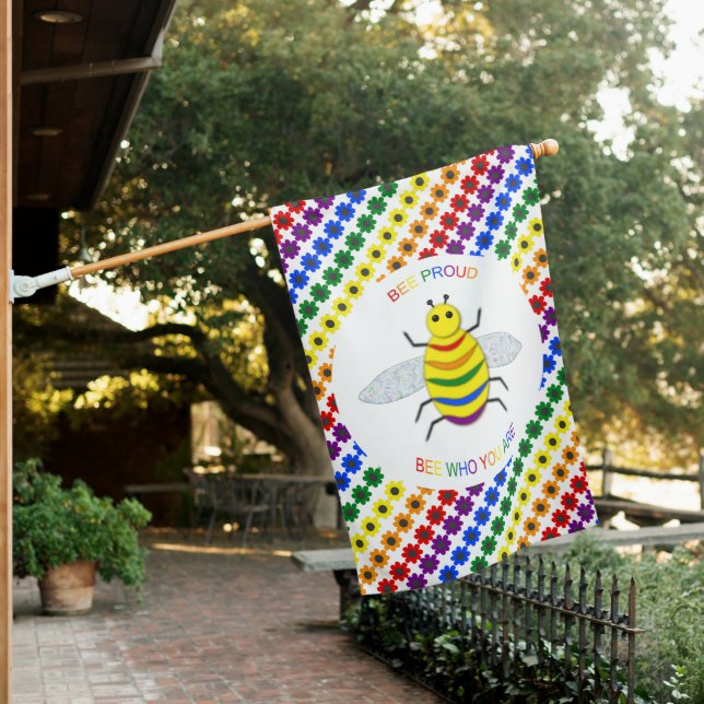Cute LGBT Proud Rainbow Bee and Flowers House Flag (In SItu)
