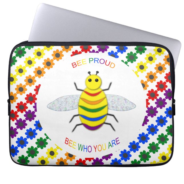 Cute LGBT Proud Rainbow Bee and Flowers Laptop Sleeve (Front)