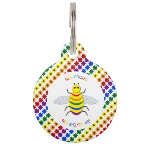 Cute LGBT Proud Rainbow Bee and Flowers Pet ID Tag