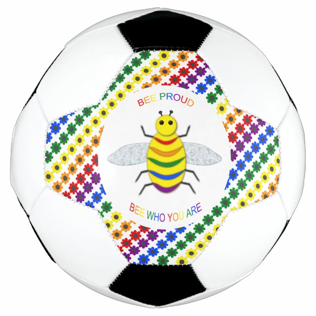 Cute LGBT Proud Rainbow Bee and Flowers Soccer Ball (Front)