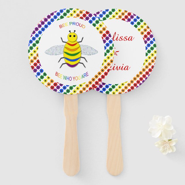 Cute LGBT Proud Rainbow Bee and Flowers Wedding Hand Fan (Front and Back)