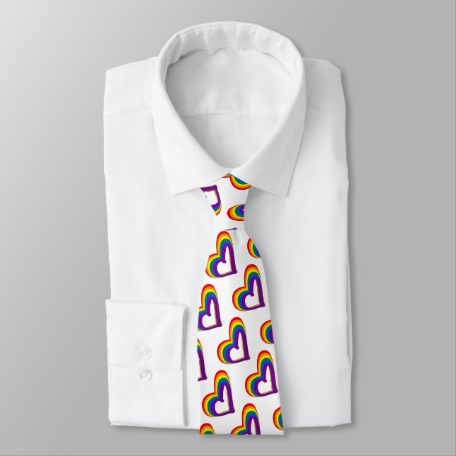 Cute LGBT Rainbow Flag Hearts Pattern Gay Pride Neck Tie (Tied)