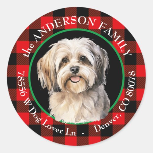 Cute Lhasa Apso Dog Buffalo Plaid Return Address Classic Round Sticker