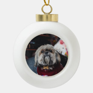 Cute lhasa apso puppy at Christmas b Ceramic Ball Christmas Ornament