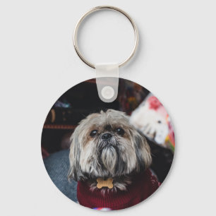 Cute lhasa apso puppy at Christmas b Keychain