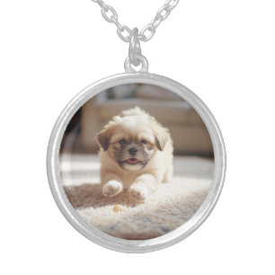 Cute Lhasa Apso Round Silver Plated Necklace