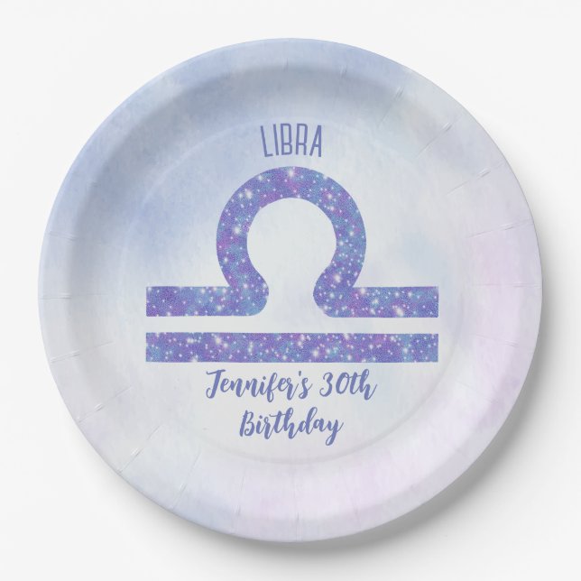 Cute Libra Sign Custom Purple Birthday Party Paper Plates (Front)
