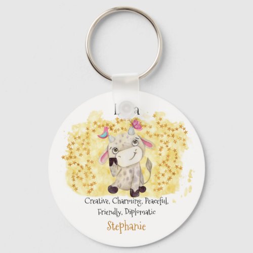 Cute Libra Watercolor Bull Zodiac Personalized Keychain
