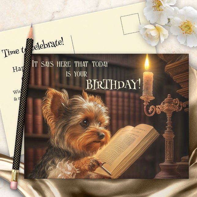 Cute Library Yorkshire Dog Birthday Postcard (Creator Uploaded)