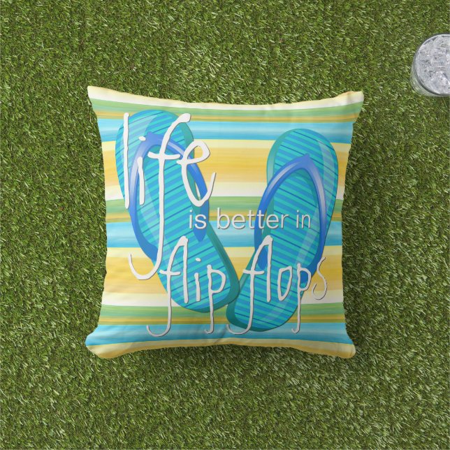 Cute Life Is Better In Flipflops Stripes Pattern Throw Pillow (Grass)