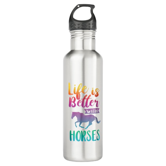 Cute Life Is Better With Horses Horseback Riding Stainless Steel Water Bottle (Front)