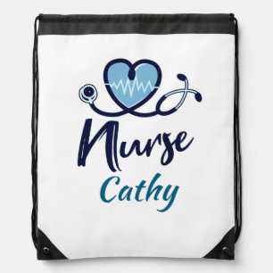 Cute Life Line Nurse Blue Heart Personalize Drawstring Bag