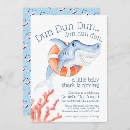 Cute lifesaver baby shark watercolor baby shower invitation