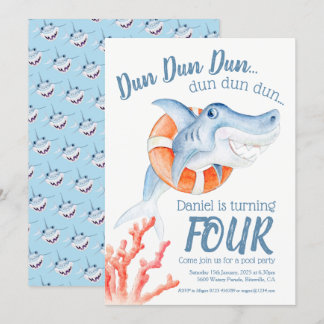 Cute lifesaver baby shark watercolor birthday invitation