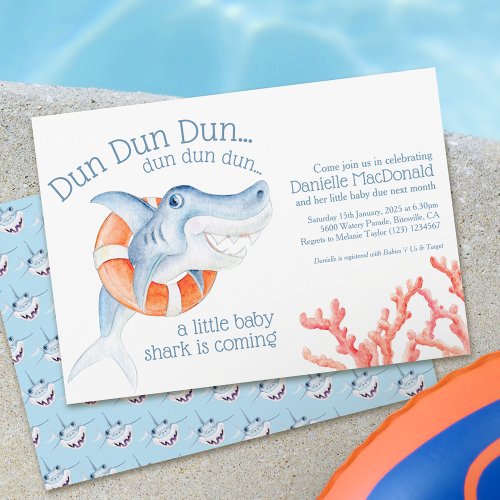 Cute lifesaver shark watercolor baby shower invitation