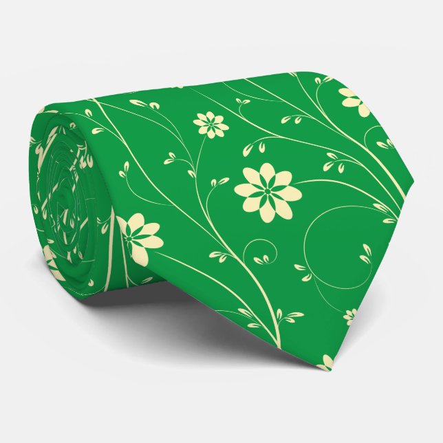 Cute Light Beige & Green Delicate Floral Pattern Tie (Rolled)