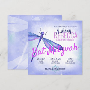 Cute Light Blue and Pink Dragonfly Bat Mitzvah Invitation