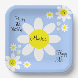Cute Light Blue and White Floral 5th Birthday Paper Plates