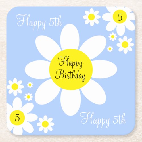 Cute Light Blue and White Floral 5th Birthday Square Paper Coaster