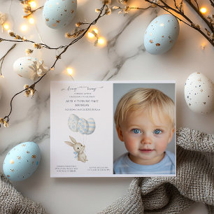 Cute Light Blue Baby Bunny 1st Birthday Invitation