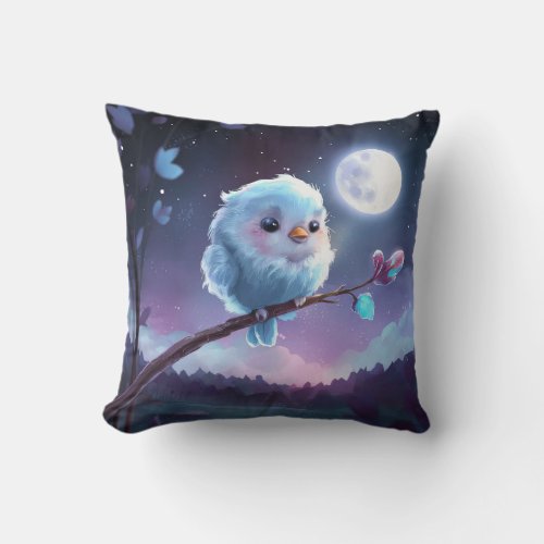 Cute Light Blue Canary on a Tree Branch at Night Throw Pillow