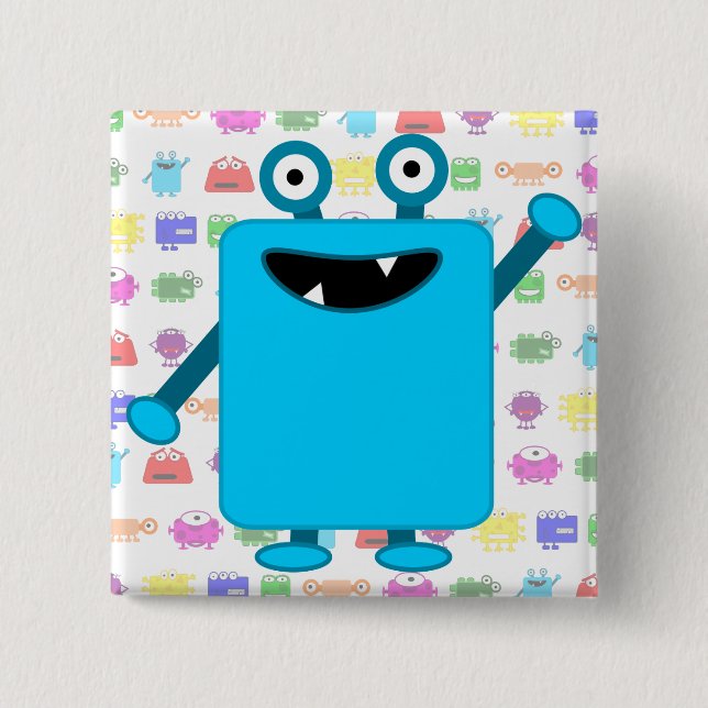 Cute Light Blue Cartoon Monster Pinback Button (Front)