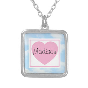 Cute Light Blue Cloudy Sky Pink Heart Custom Name Silver Plated Necklace