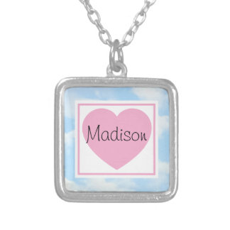 Cute Light Blue Cloudy Sky Pink Heart Custom Name Silver Plated Necklace