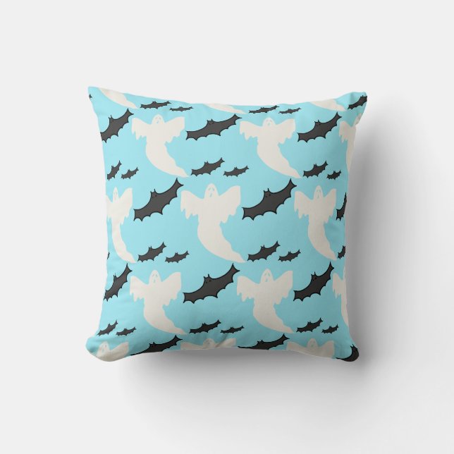 Cute Light Blue Ghosts Bats Halloween Throw Pillow (Front)