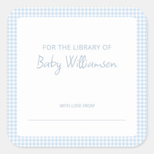 Cute Light Blue Gingham Baby Shower Bookplate