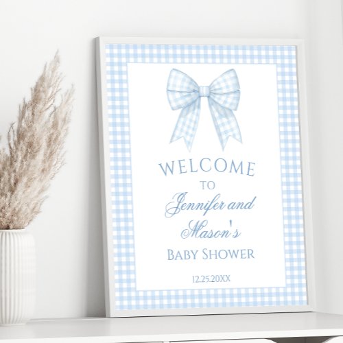 Cute light blue gingham bow ribbon baby boy shower poster