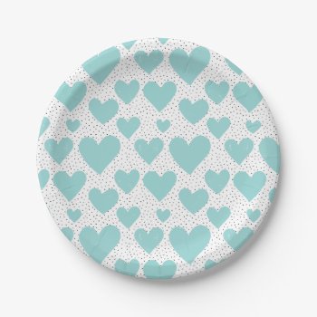 Cute Light Blue Hearts And Confetti Pattern Party Paper Plates by KeikoPrints at Zazzle