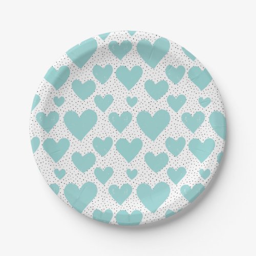Cute Light Blue Hearts and Confetti Pattern Party Paper Plates