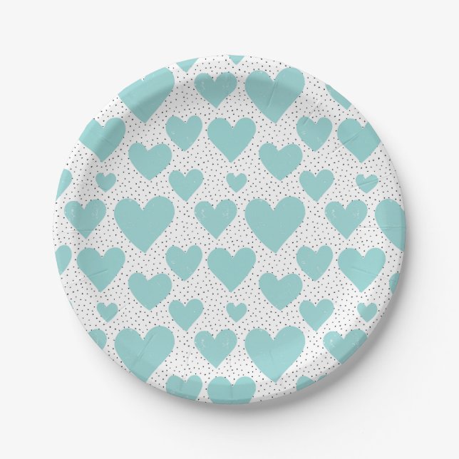Cute Light Blue Hearts and Confetti Pattern Party Paper Plates (Front)