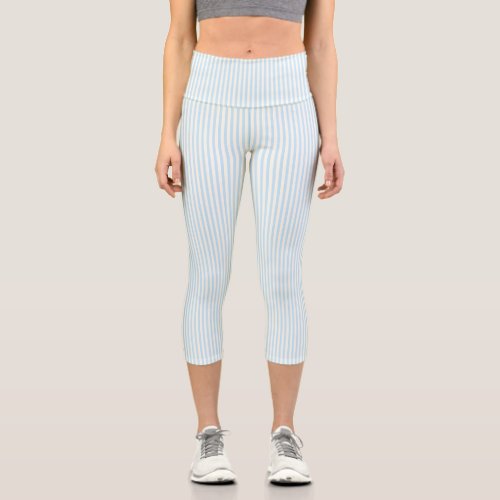 Cute light blue  ivory vertical stripes pattern capri leggings