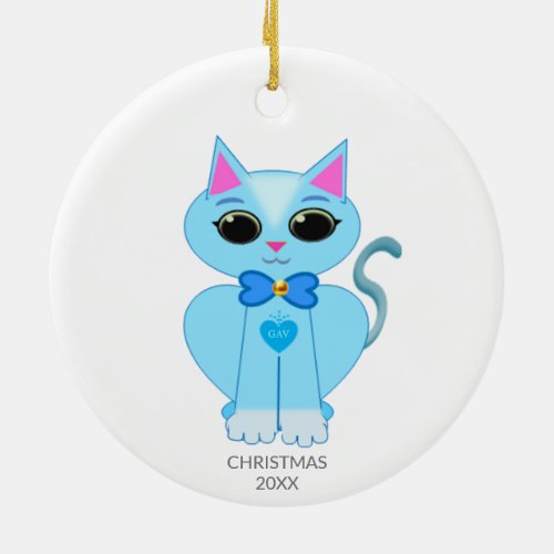 Cute light blue kitty cat  text ceramic ornament