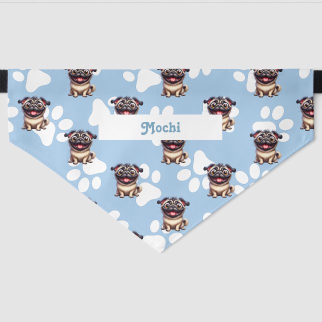 Cute Light Blue Pattern Pug Doggie Pet Bandana Collar (Front)