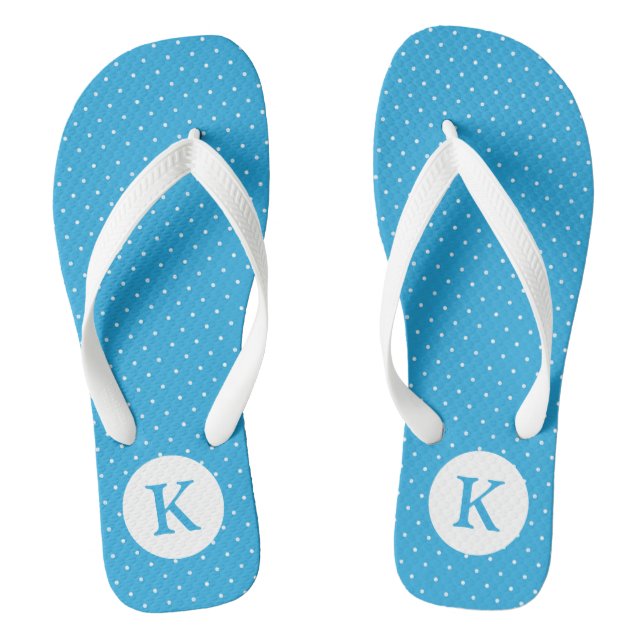 Cute Light Blue Polka Dot Pattern Monogram Flip Flops (Footbed)