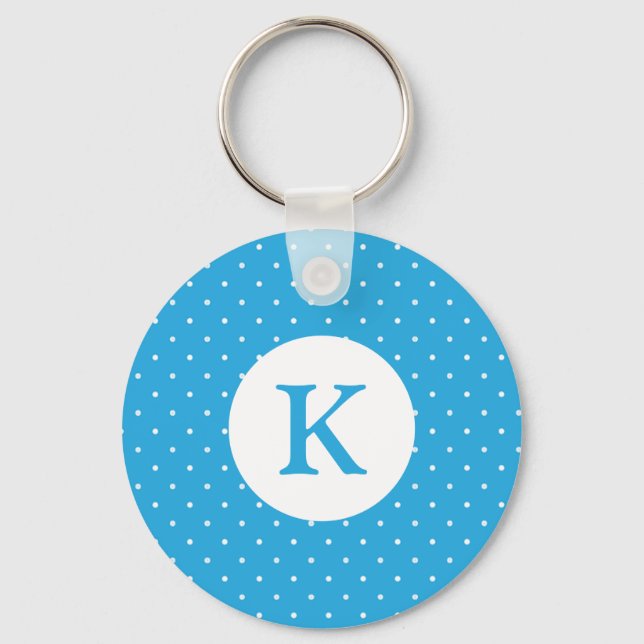 Cute Light Blue Polka Dot Pattern Monogram Keychain (Front)