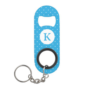 Cute Light Blue Polka Dot Pattern Monogram Keychain Bottle Opener
