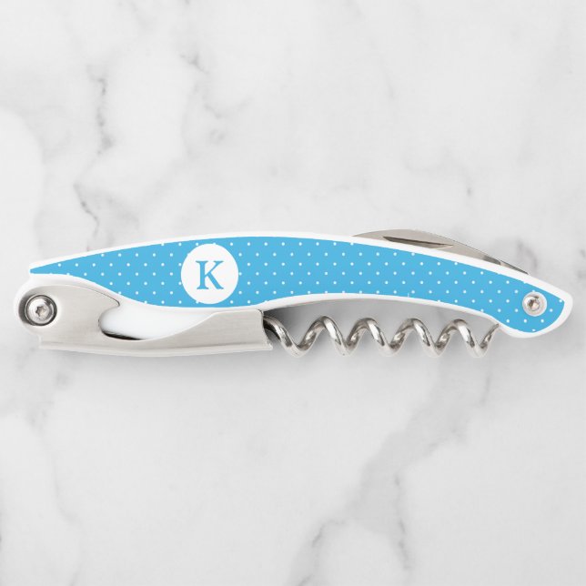 Cute Light Blue Polka Dot Pattern Monogram Waiter's Corkscrew (Front)