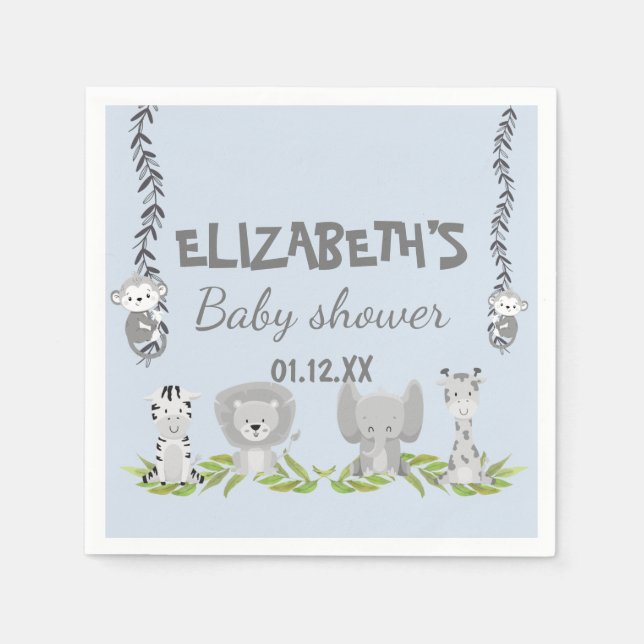 Cute Light Blue Safari Animals Boy Baby Shower Napkins (Front)