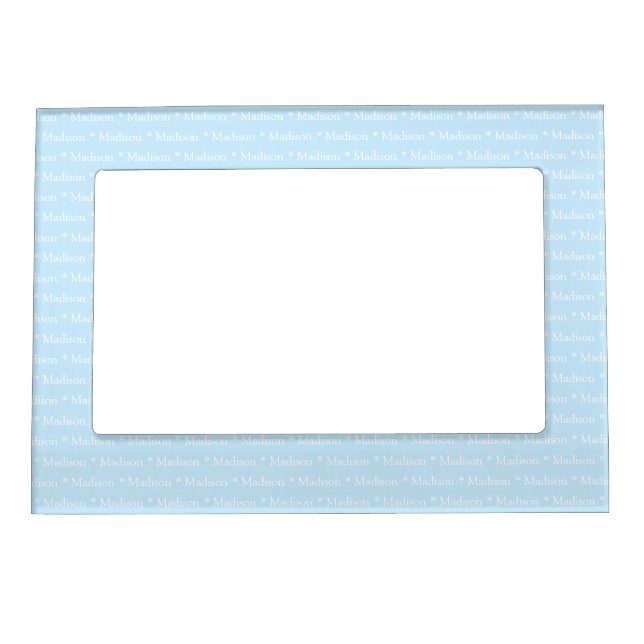 Cute light blue white custom name text photo magnetic frame (Front)