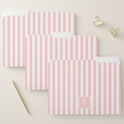 Cute Light Blush Pink Stripes Monogrammed Initials File Folder