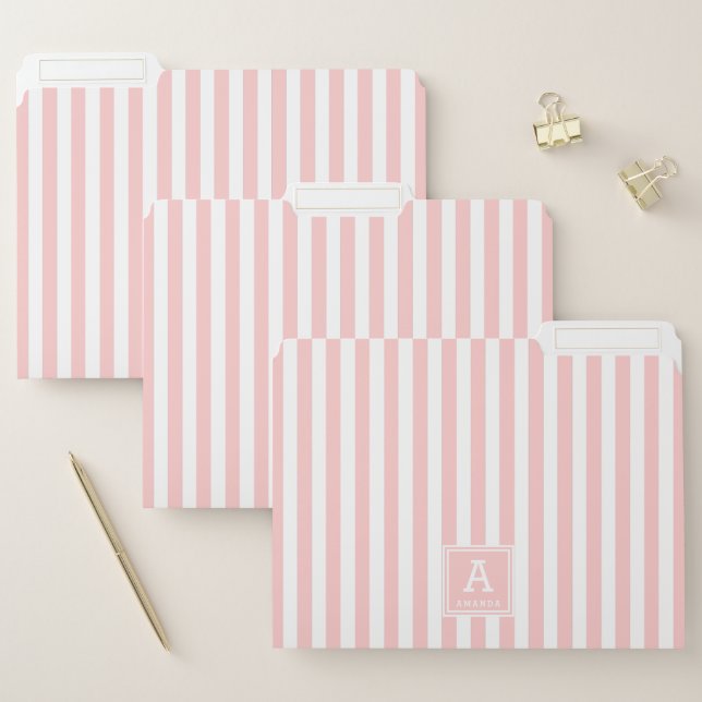 Cute Light Blush Pink Stripes Monogrammed Initials File Folder (Set)