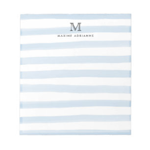 Cute Light Dusty Blue Watercolor Stripes Monogram Notepad