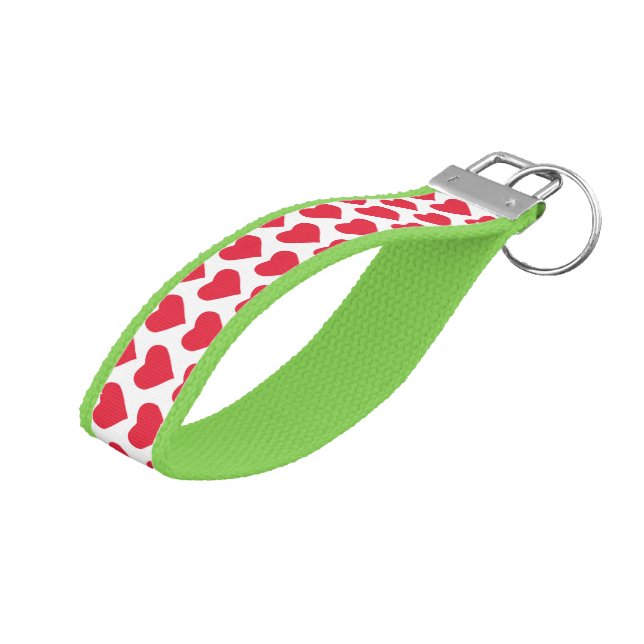 Cute Light Green And Red Heart Pattern Design Wrist Keychain (Angled Up)
