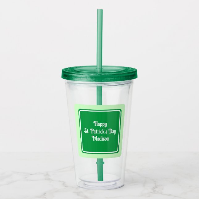 Cute Light Green Happy St Patricks Day Acrylic Tum Tumbler (Front)